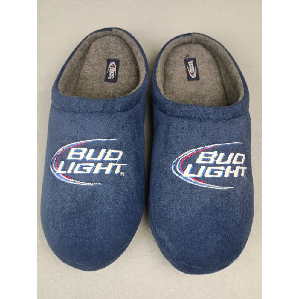 Bud Light Mens Navy Blue Fleece Lined Slip On House Slippers Beer Logo Size L